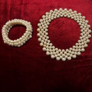 Antique Vintage Faux Pearl Necklace and Bracelet Set
